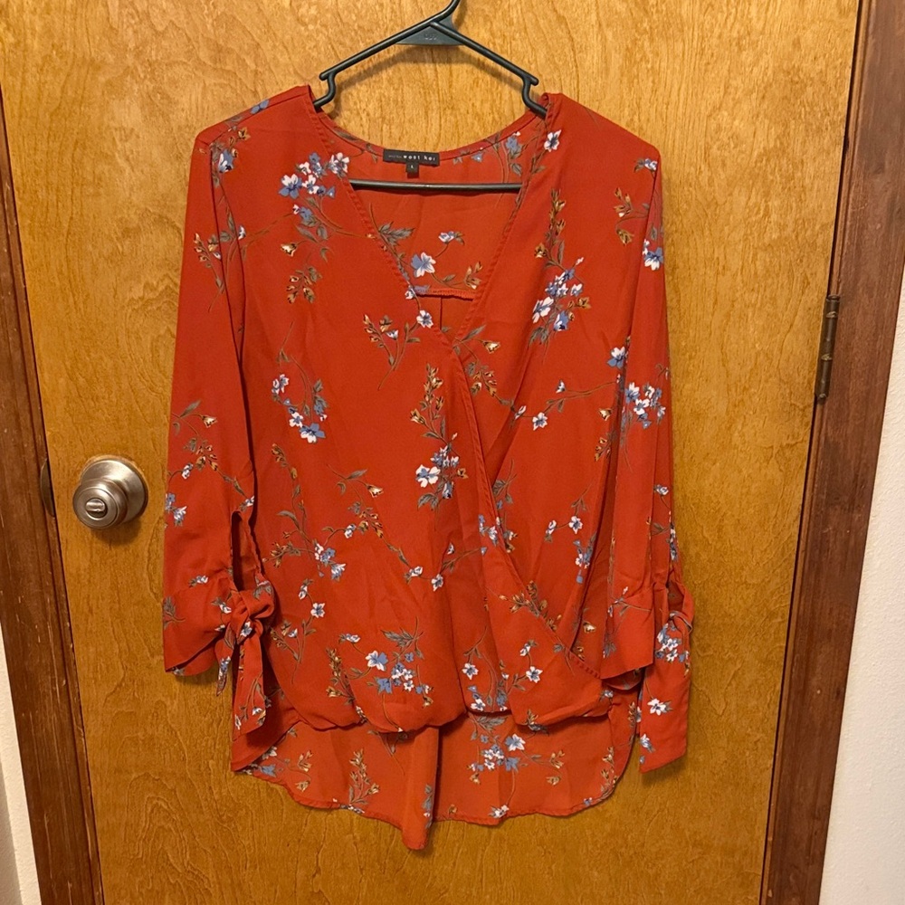 Tahari Rust Red Floral Wrap-Style Blouse